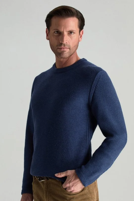 Hemington - Lambswool Yünü Şerit Detaylı Bisiklet Yaka Mavi Triko Kazak (1)