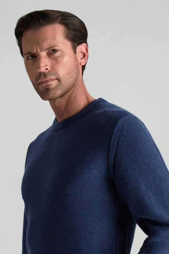 Lambswool Yünü Şerit Detaylı Bisiklet Yaka Mavi Triko Kazak