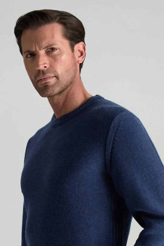 Hemington - Lambswool Yünü Şerit Detaylı Bisiklet Yaka Mavi Triko Kazak (3)