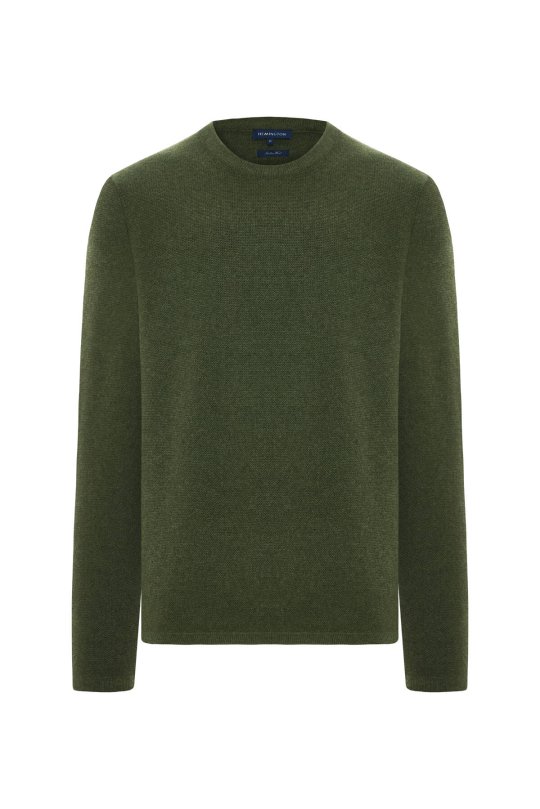 Lambswool Yünü Şerit Detaylı Bisiklet Yaka Yeşil Triko Kazak