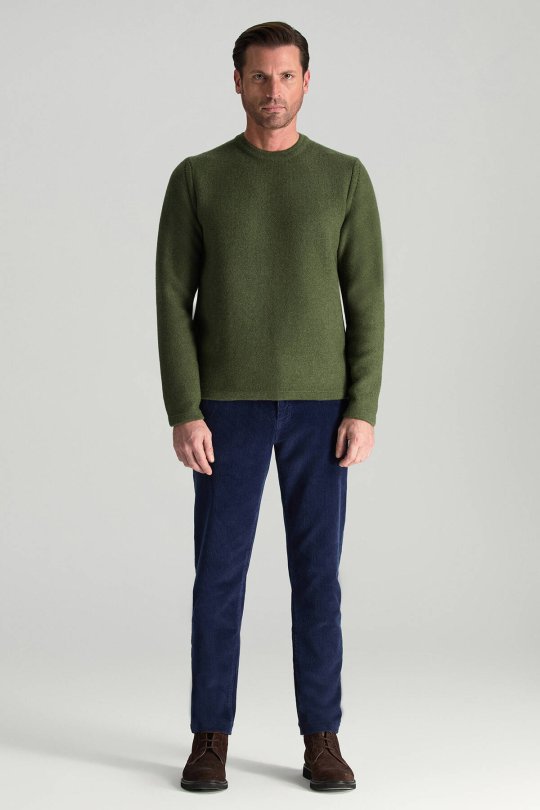 Lambswool Yünü Şerit Detaylı Bisiklet Yaka Yeşil Triko Kazak