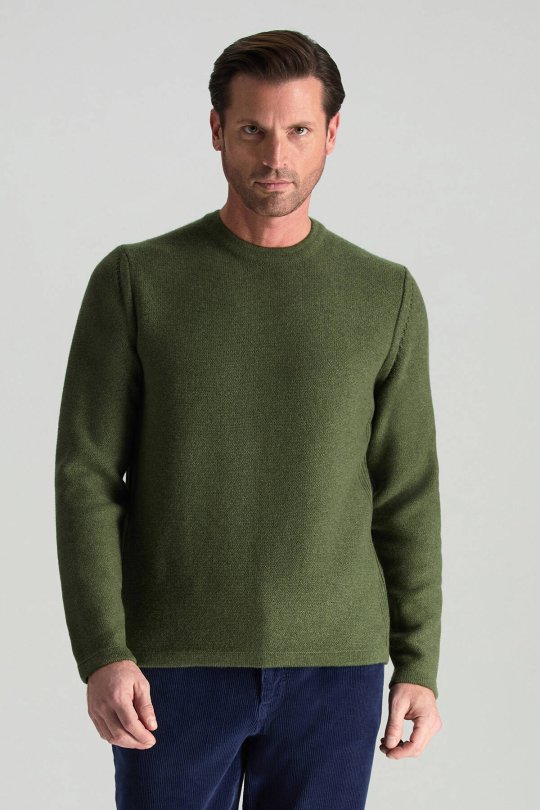 Lambswool Yünü Şerit Detaylı Bisiklet Yaka Yeşil Triko Kazak