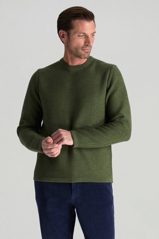 Lambswool Yünü Şerit Detaylı Bisiklet Yaka Yeşil Triko Kazak