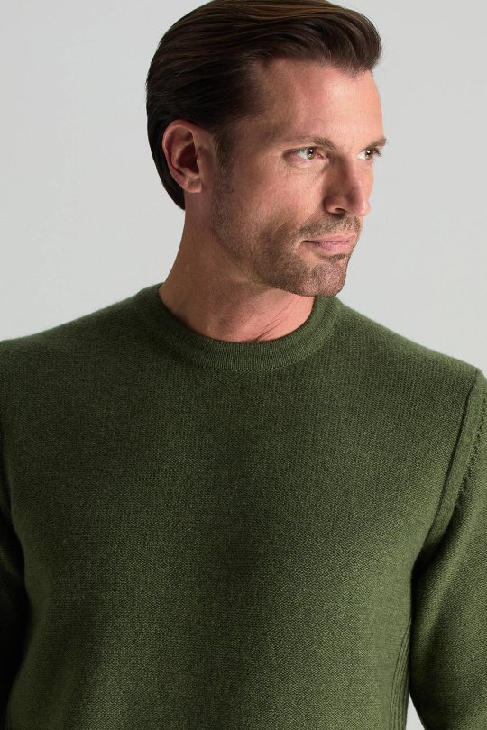 Lambswool Yünü Şerit Detaylı Bisiklet Yaka Yeşil Triko Kazak