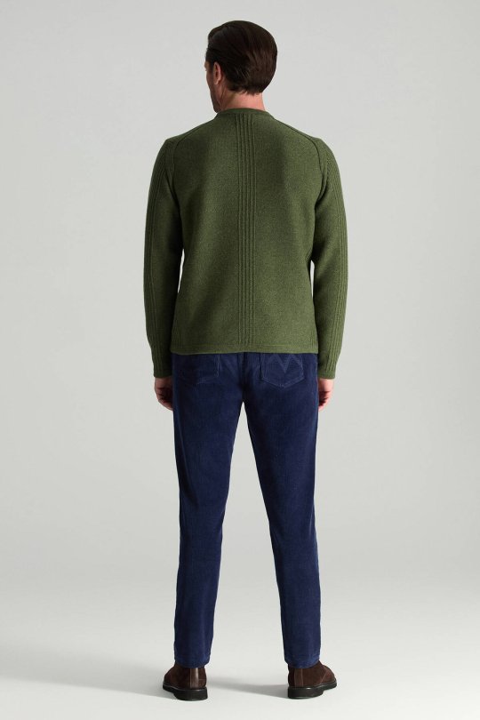 Lambswool Yünü Şerit Detaylı Bisiklet Yaka Yeşil Triko Kazak