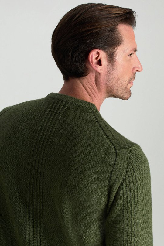 Lambswool Yünü Şerit Detaylı Bisiklet Yaka Yeşil Triko Kazak