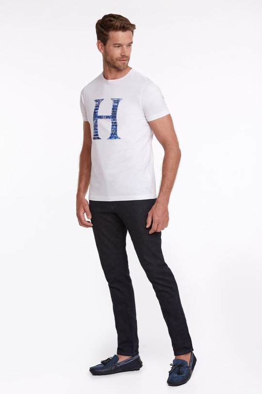 Logo Baskılı Kırık Beyaz Bisiklet Yaka Pamuk T-Shirt
