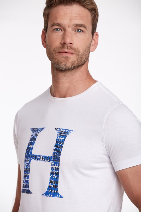Logo Baskılı Kırık Beyaz Bisiklet Yaka Pamuk T-Shirt