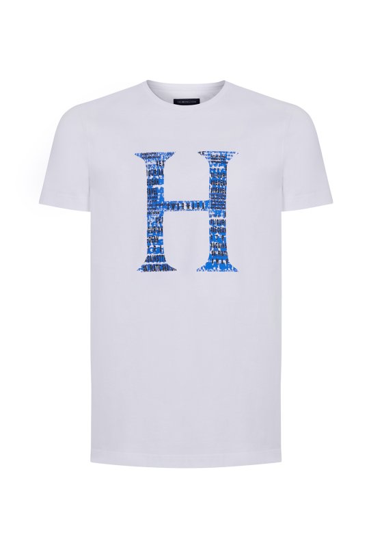 Logo Baskılı Kırık Beyaz Bisiklet Yaka Pamuk T-Shirt