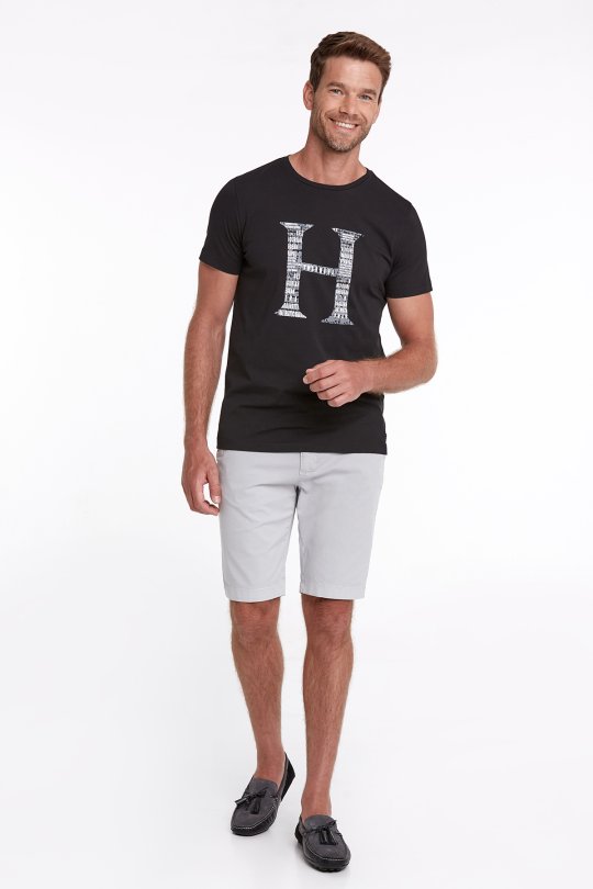 Logo Baskılı Siyah Bisiklet Yaka Pamuk T-Shirt
