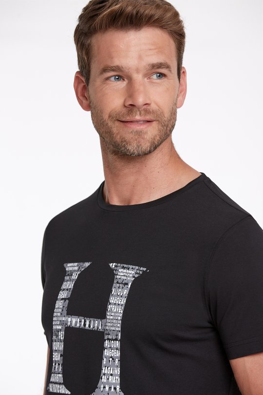 Logo Baskılı Siyah Bisiklet Yaka Pamuk T-Shirt