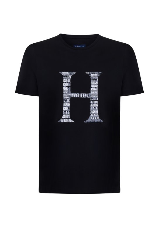 Logo Baskılı Siyah Bisiklet Yaka Pamuk T-Shirt