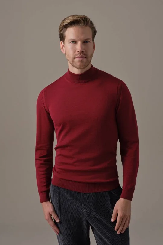 Lupetto Yaka Merino Yün Bordo Triko
