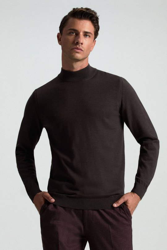 Lupetto Yaka Merino Yün Koyu Kahverengi Triko