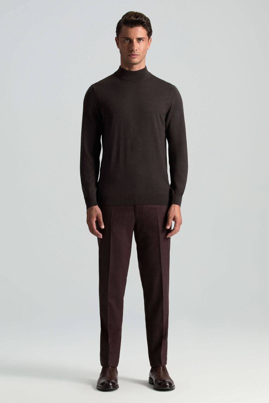 Lupetto Yaka Merino Yün Koyu Kahverengi Triko