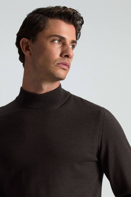 Lupetto Yaka Merino Yün Koyu Kahverengi Triko