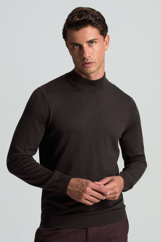 Lupetto Yaka Merino Yün Koyu Kahverengi Triko