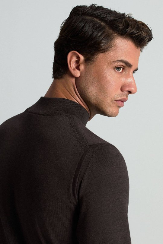 Lupetto Yaka Merino Yün Koyu Kahverengi Triko