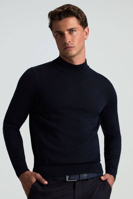 Lupetto Yaka Merino Yün Lacivert Triko