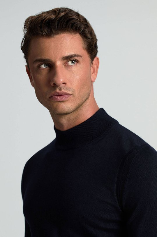 Lupetto Yaka Merino Yün Lacivert Triko