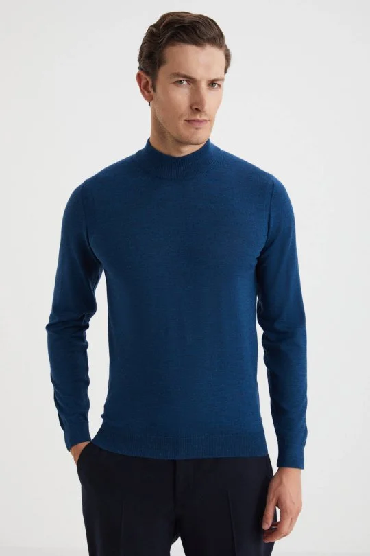 Hemington - Lupetto Yaka Merino Yün Mavi Triko