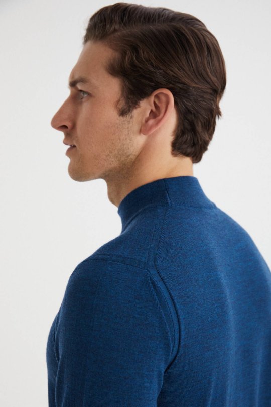 Lupetto Yaka Merino Yün Mavi Triko