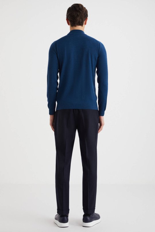 Lupetto Yaka Merino Yün Mavi Triko