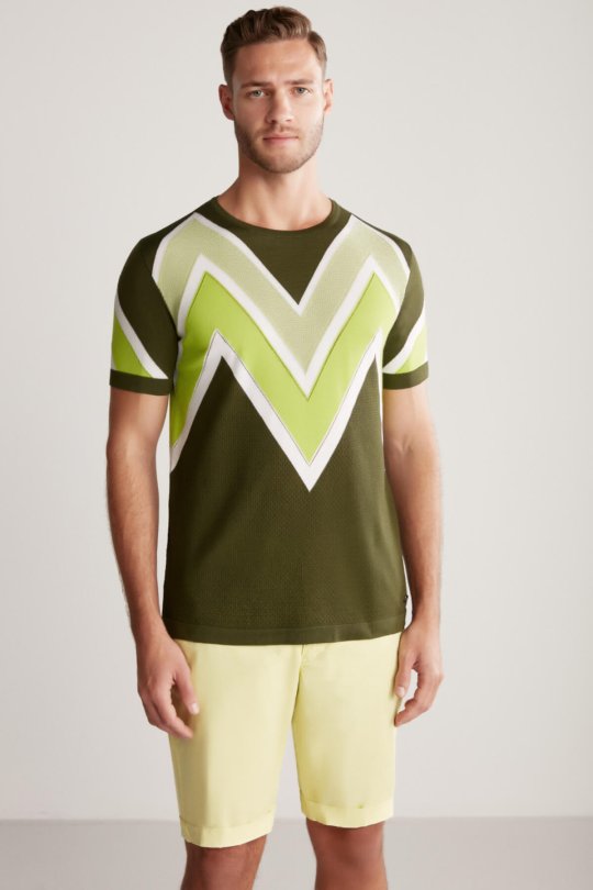 M Logolu Haki Merserize Pamuk Triko T-Shirt