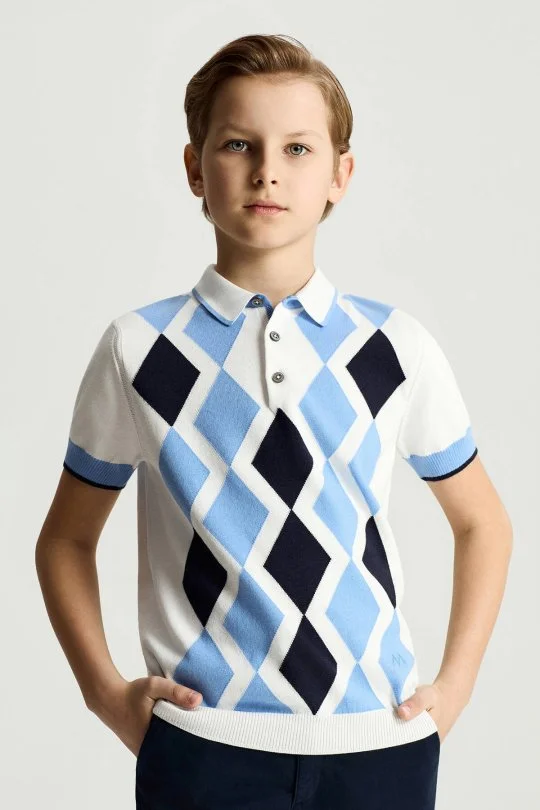 Hemington - Mavi Beyaz Baklava Desen Çocuk Triko Polo (1)