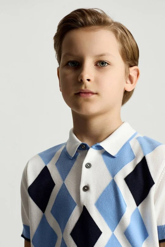 Hemington - Mavi Beyaz Baklava Desen Çocuk Triko Polo (2)