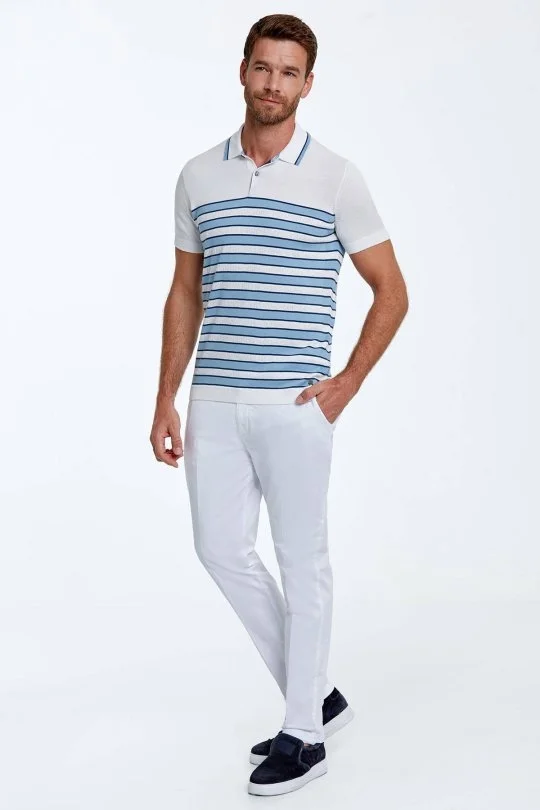 Hemington - Mavi Çizgi Desen Beyaz Triko Polo (4)