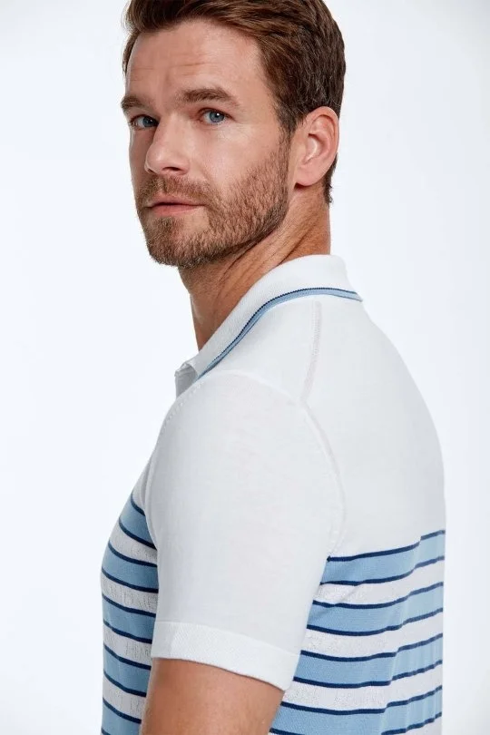 Hemington - Mavi Çizgi Desen Beyaz Triko Polo (2)