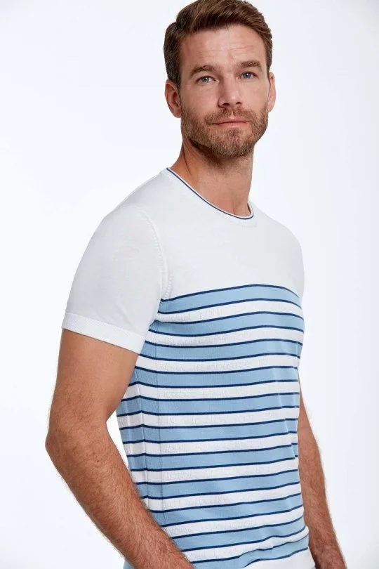 Hemington - Mavi Çizgi Desen Bisiklet Yaka Beyaz Triko T-Shirt (3)