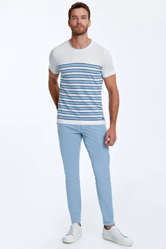 Hemington - Mavi Çizgi Desen Bisiklet Yaka Beyaz Triko T-Shirt (4)