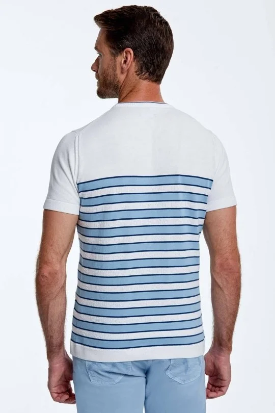 Hemington - Mavi Çizgi Desen Bisiklet Yaka Beyaz Triko T-Shirt (5)