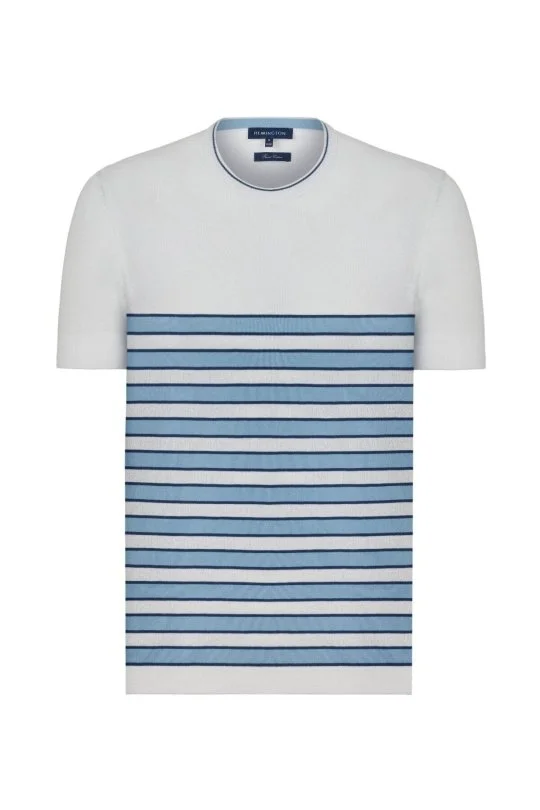 Hemington - Mavi Çizgi Desen Bisiklet Yaka Beyaz Triko T-Shirt (7)