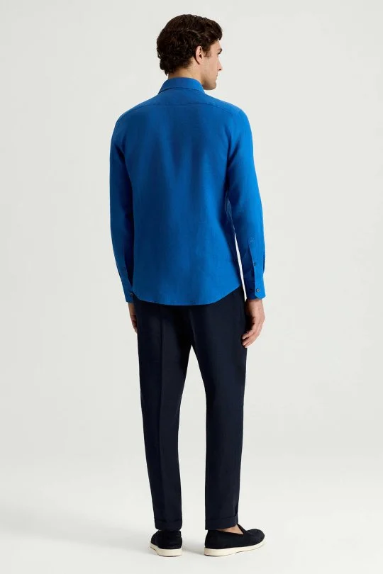 İndigo Mavi Saf Keten Spor Gömlek