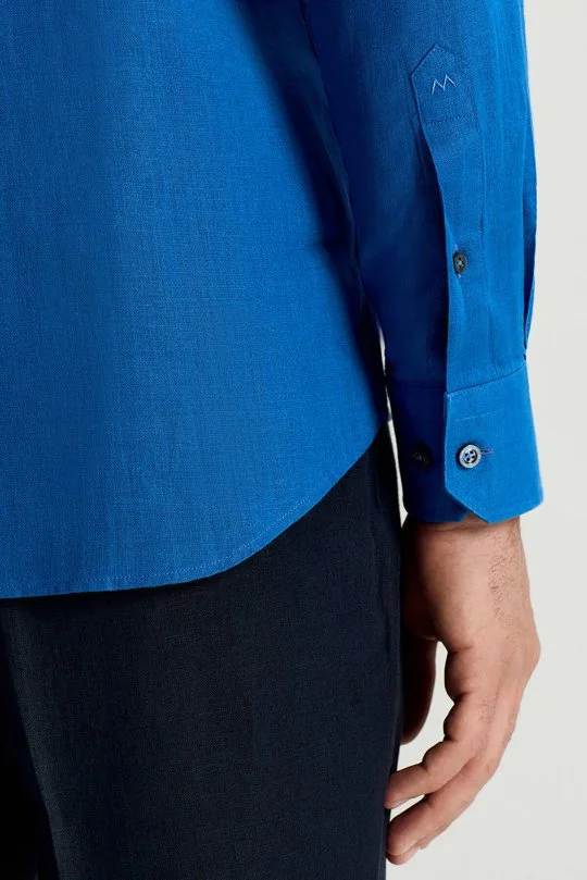 İndigo Mavi Saf Keten Spor Gömlek