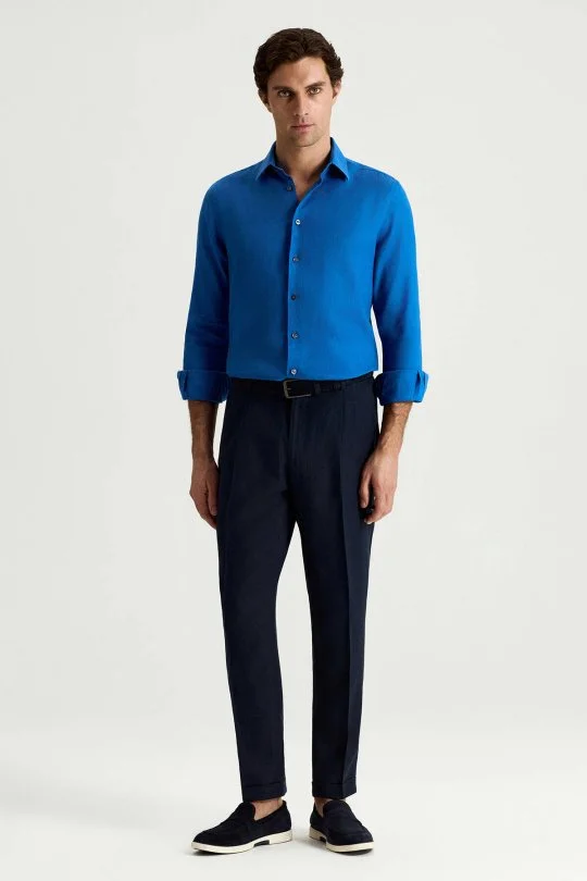 İndigo Mavi Saf Keten Spor Gömlek