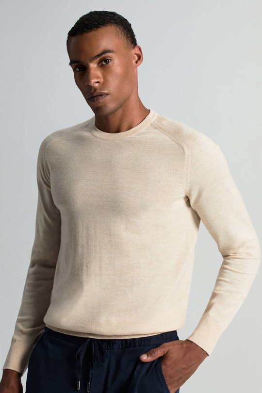 Merino Yün Açık Bej Bisiklet Yaka Triko