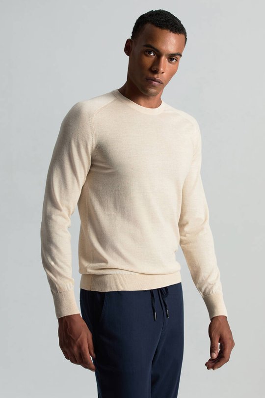 Merino Yün Açık Bej Bisiklet Yaka Triko