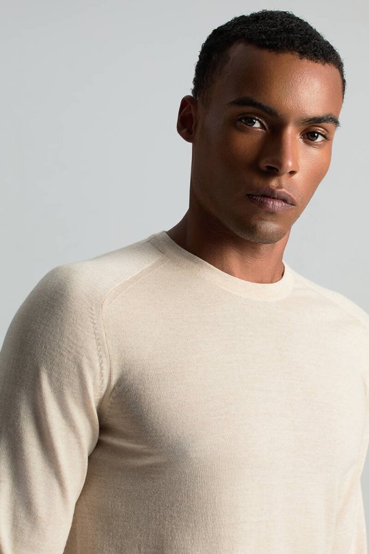 Merino Yün Açık Bej Bisiklet Yaka Triko