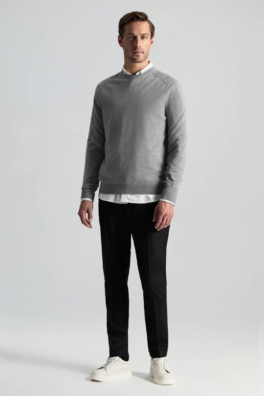 Merino Yün Açık Gri Bisiklet Yaka Triko