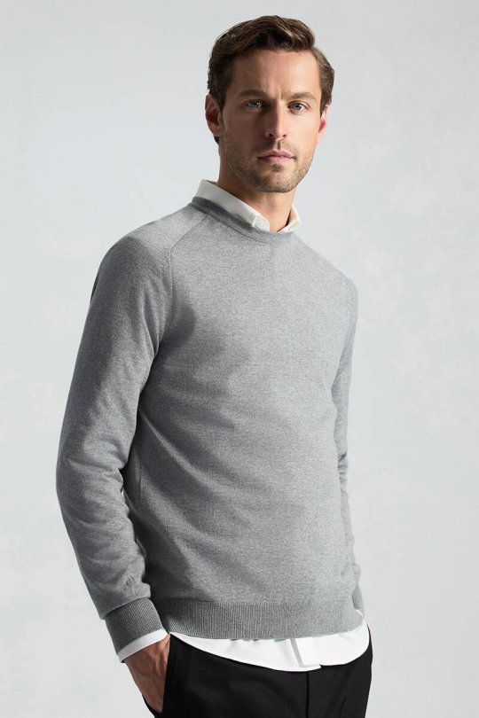 Merino Yün Açık Gri Bisiklet Yaka Triko