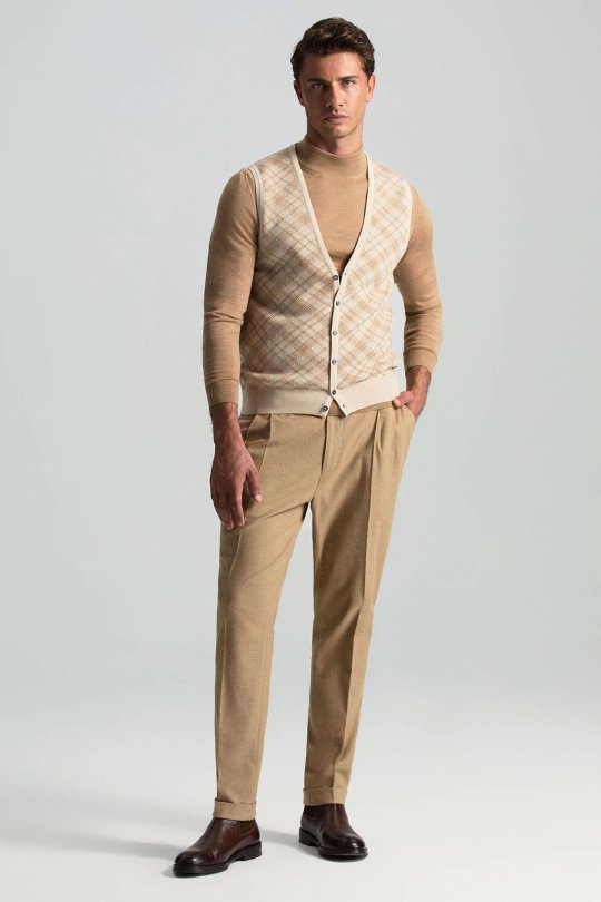 Merino Yün Baklava Desen Açık Bej Yelek