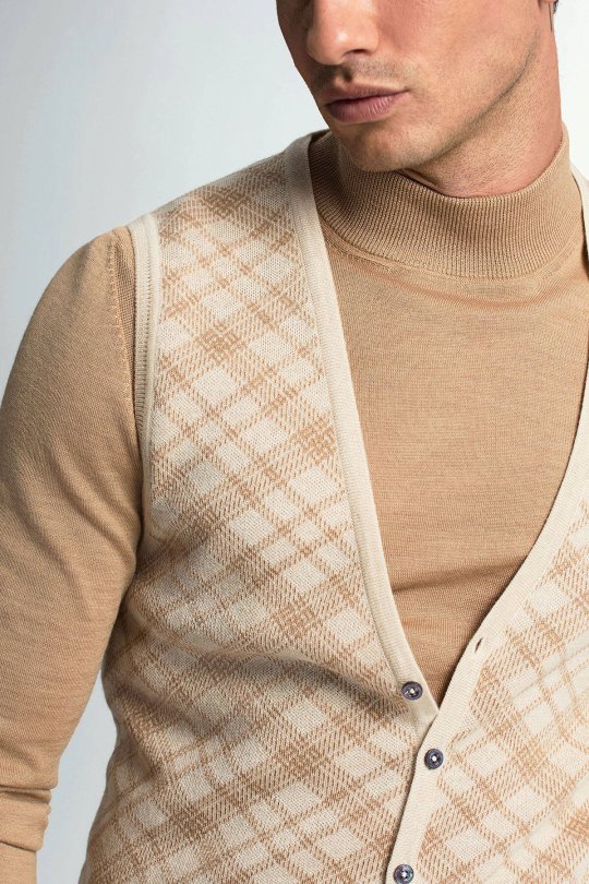 Merino Yün Baklava Desen Açık Bej Yelek