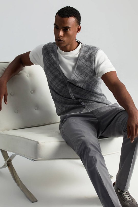 Merino Yün Baklava Desen Açık Gri Yelek