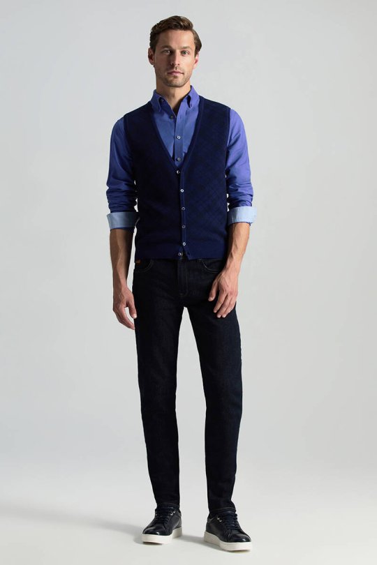 Merino Yün Baklava Desen Koyu Mavi Yelek