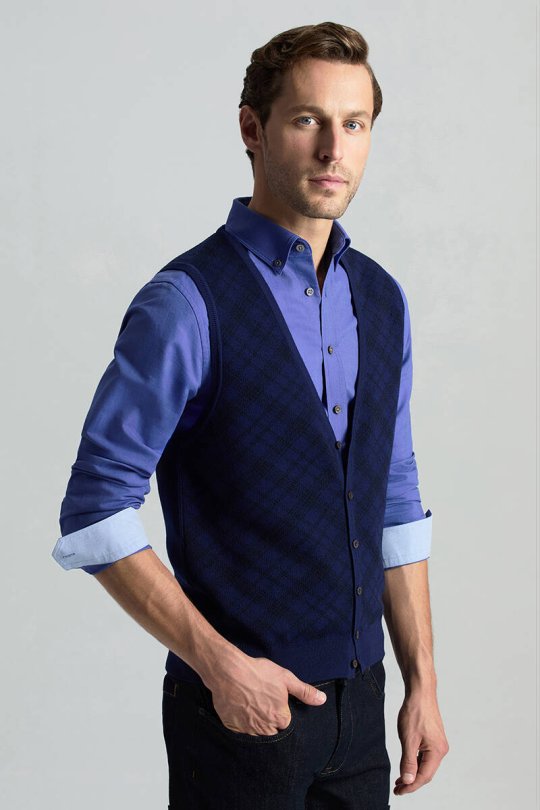 Merino Yün Baklava Desen Koyu Mavi Yelek