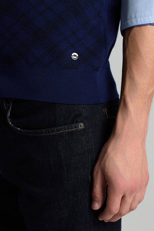 Merino Yün Baklava Desen Koyu Mavi Yelek